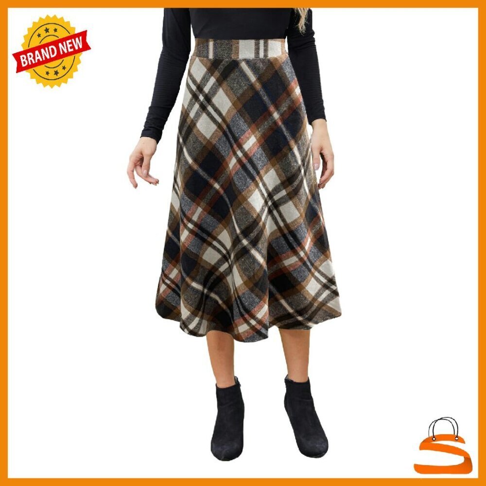 Vintage Plaid Midi Skirt High Elastic Waist A-Line Flowy with Pockets